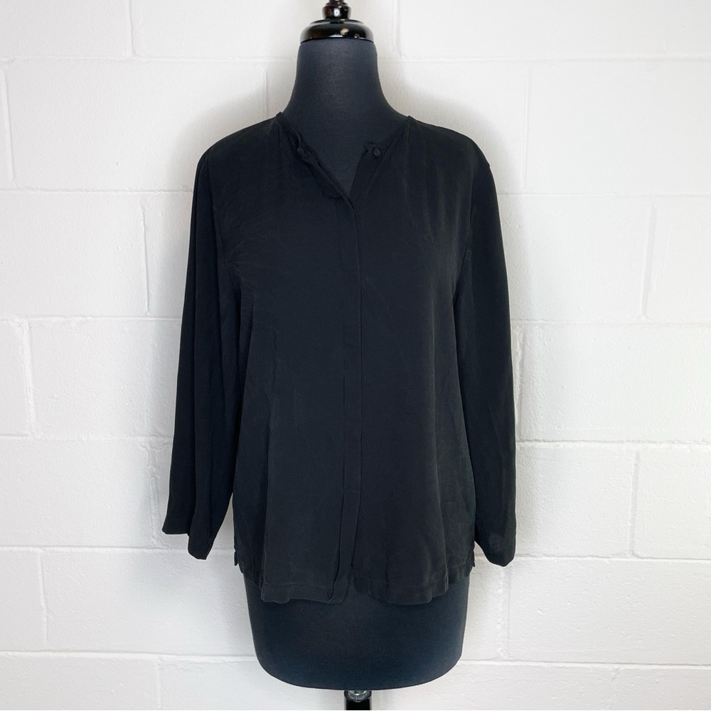 Eileen Fisher Black 100% Silk Button Front Long Sleeve Blouse